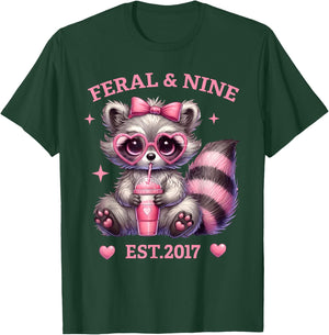 Feral and Nine Est 2017 Pink Bow Cute Raccoon 9th Birthday T-Shirt - T-Shirt | Forest