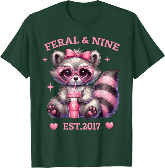 Feral and Nine Est 2017 Pink Bow Cute Raccoon 9th Birthday T-Shirt - T-Shirt | Forest