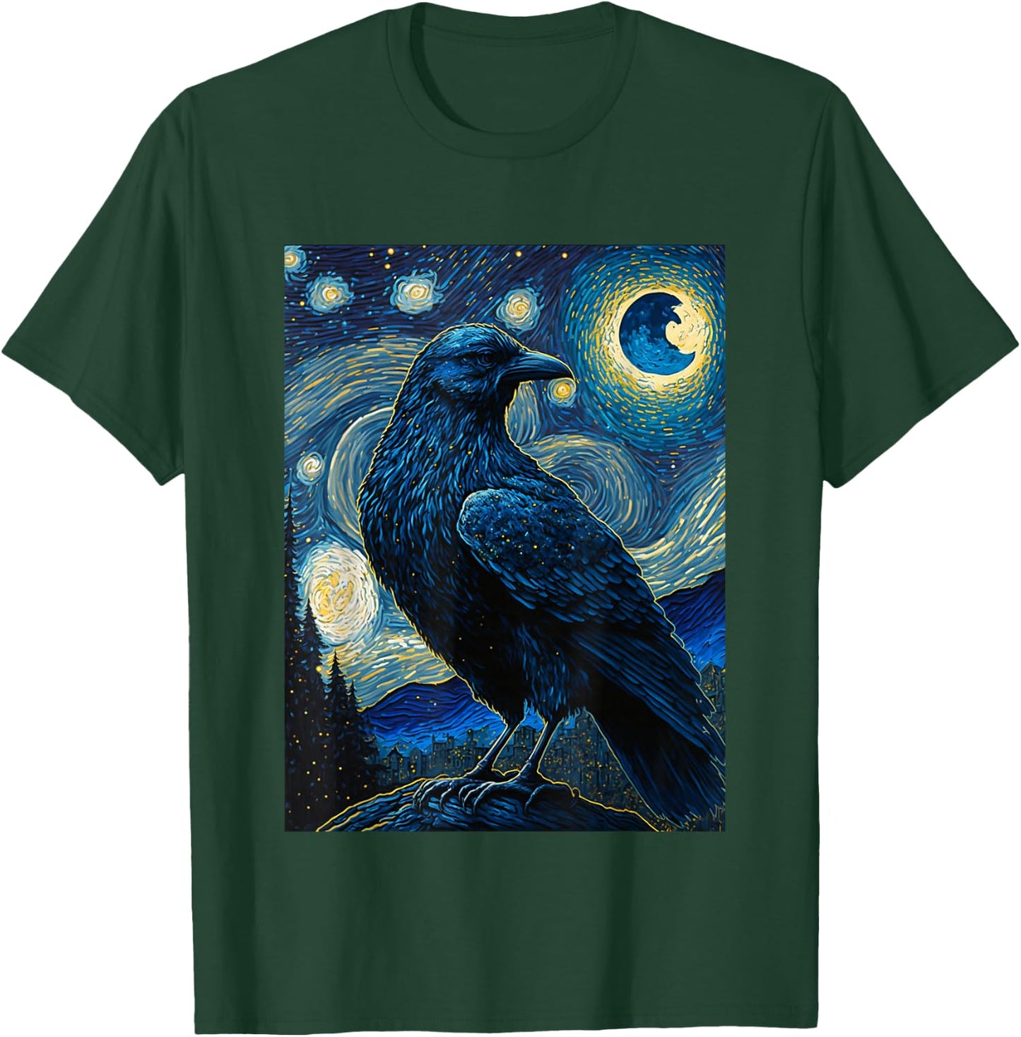 Raven Starry Night Style Painting, Van Gogh Crow Lover T-Shirt - T-Shirt | Forest