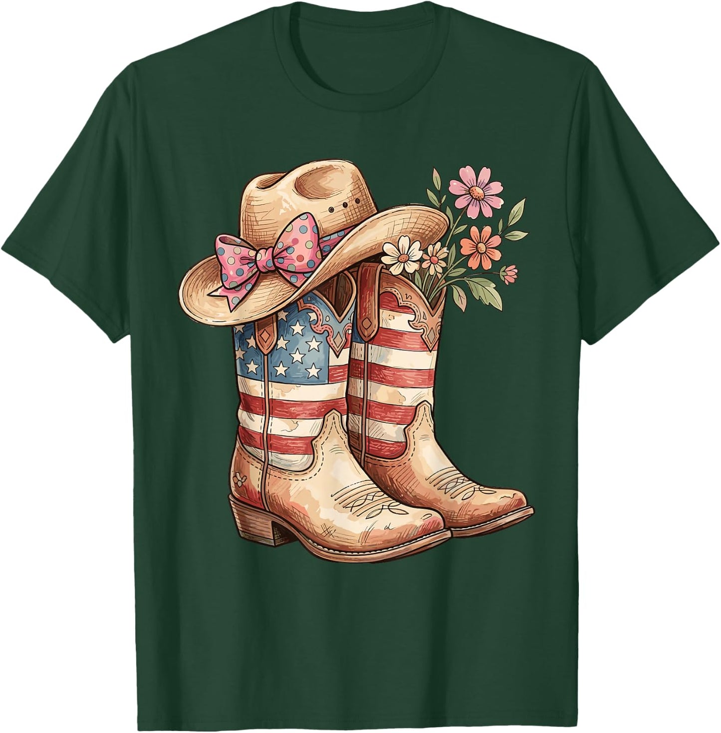 Cowboy Boots Cowgirl American Flag Hat Western 4th of July T-Shirt - T-Shirt | Forest