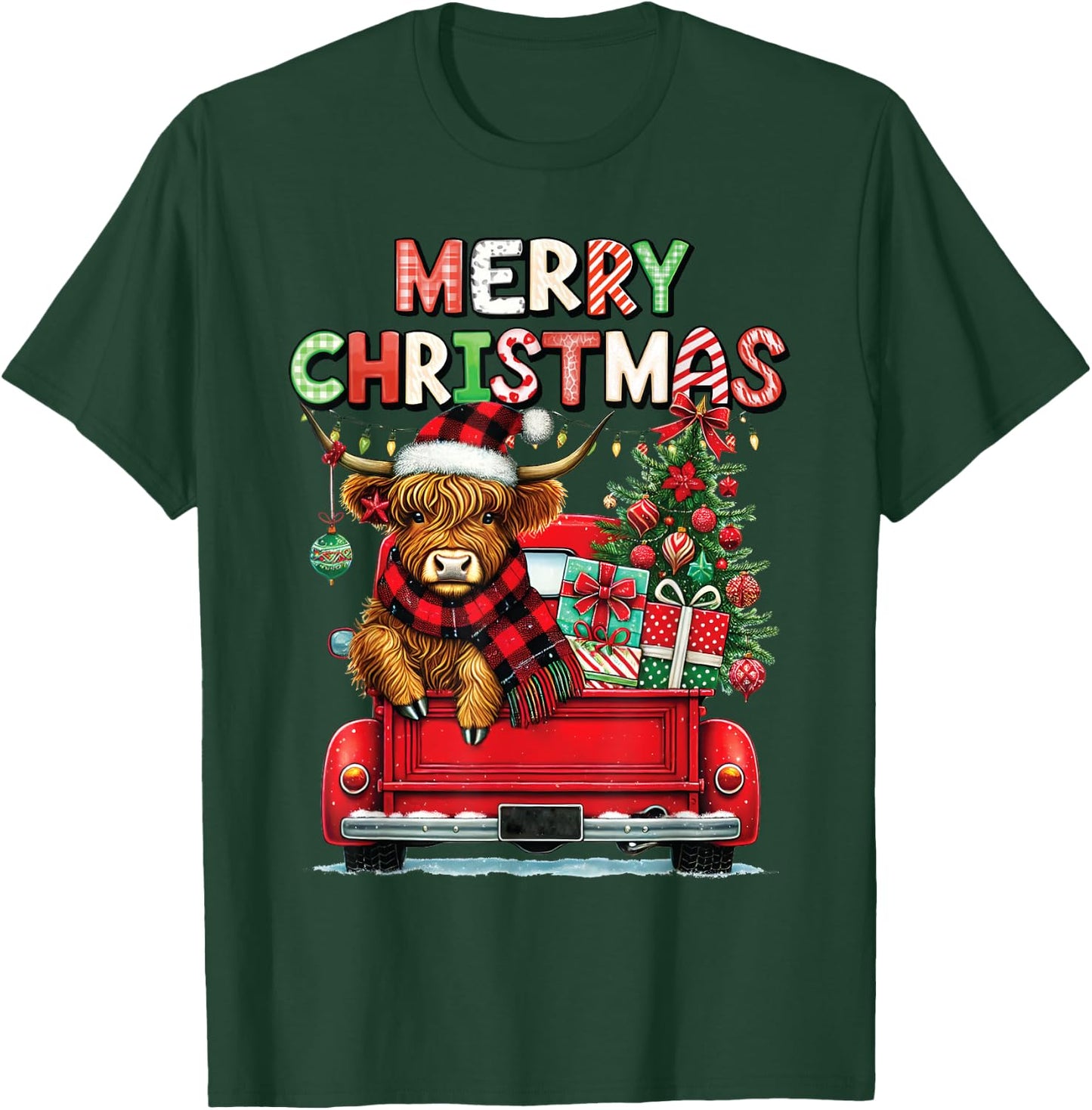 Merry Christmas Scottish Highland Cow Xmas Farm Animal Lover T-Shirt - T-Shirt | Forest