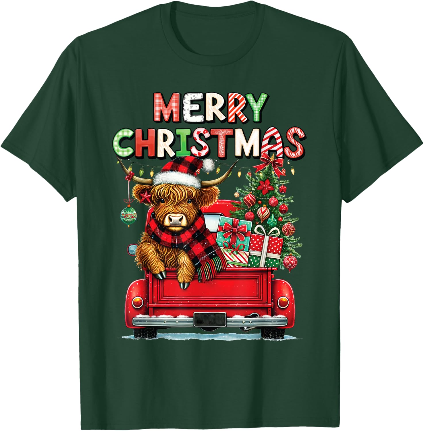 Merry Christmas Scottish Highland Cow Xmas Farm Animal Lover T-Shirt - T-Shirt | Forest