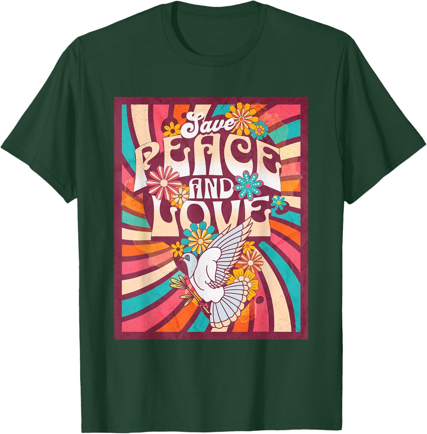 Save Peace and Love Retro Hippie Dove Floral Style 70s , Black, S T-Shirt - T-Shirt | Forest