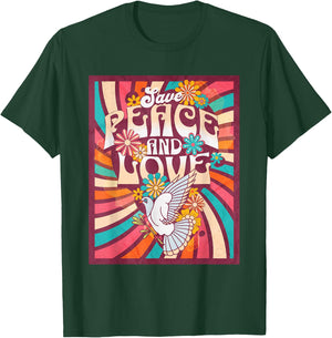 Save Peace and Love Retro Hippie Dove Floral Style 70s , Black, S T-Shirt - T-Shirt | Forest