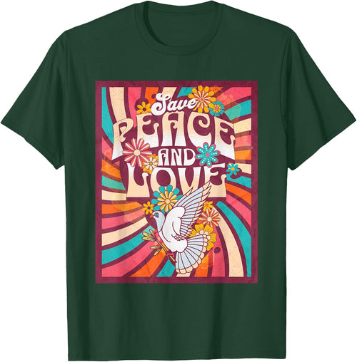 Save Peace and Love Retro Hippie Dove Floral Style 70s , Black, S