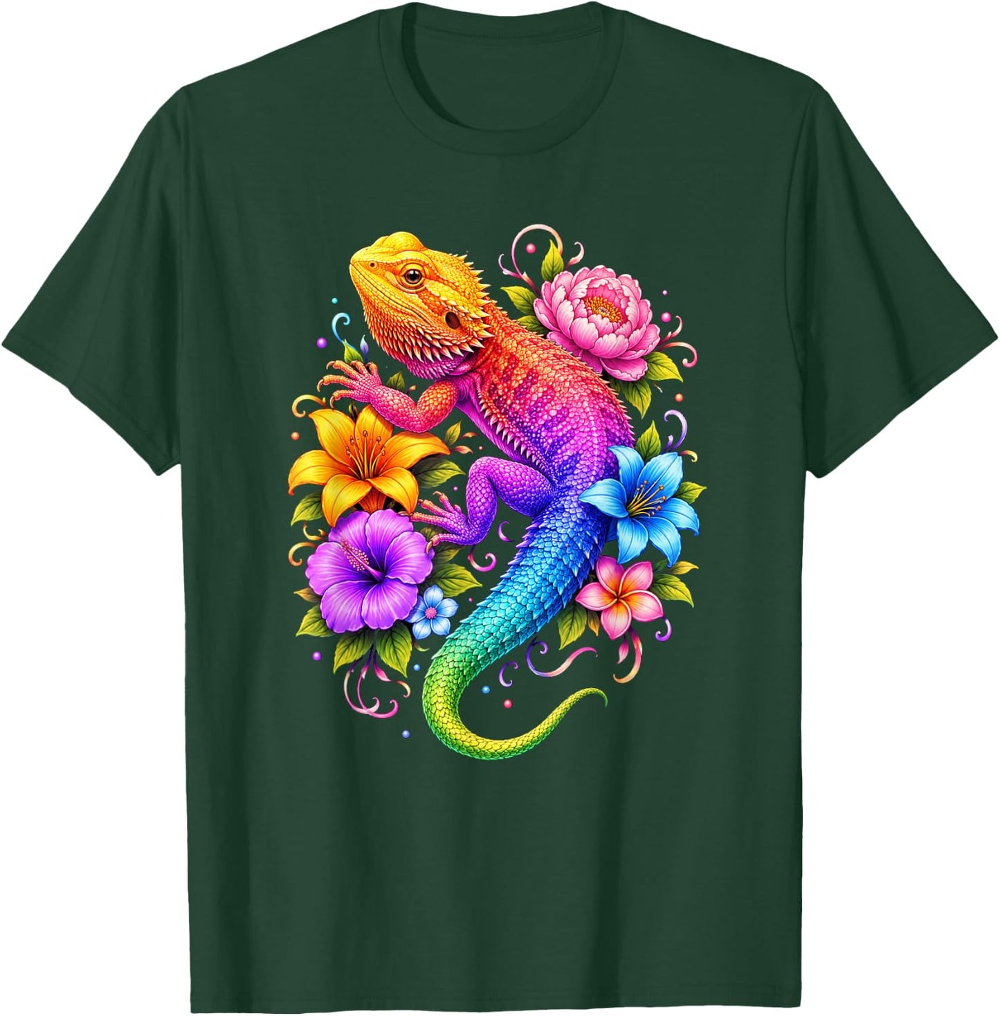 Colorful Floral Bearded Dragon Flowers Rainbow Women Girls T-Shirt - T-Shirt | Forest
