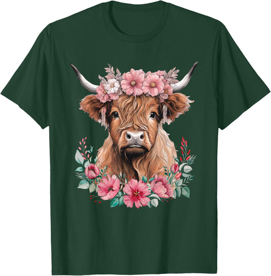 Cute Baby Highland Cow with Flowers Calf Animal Cow Women T-Shirt - T-Shirt | Forest
