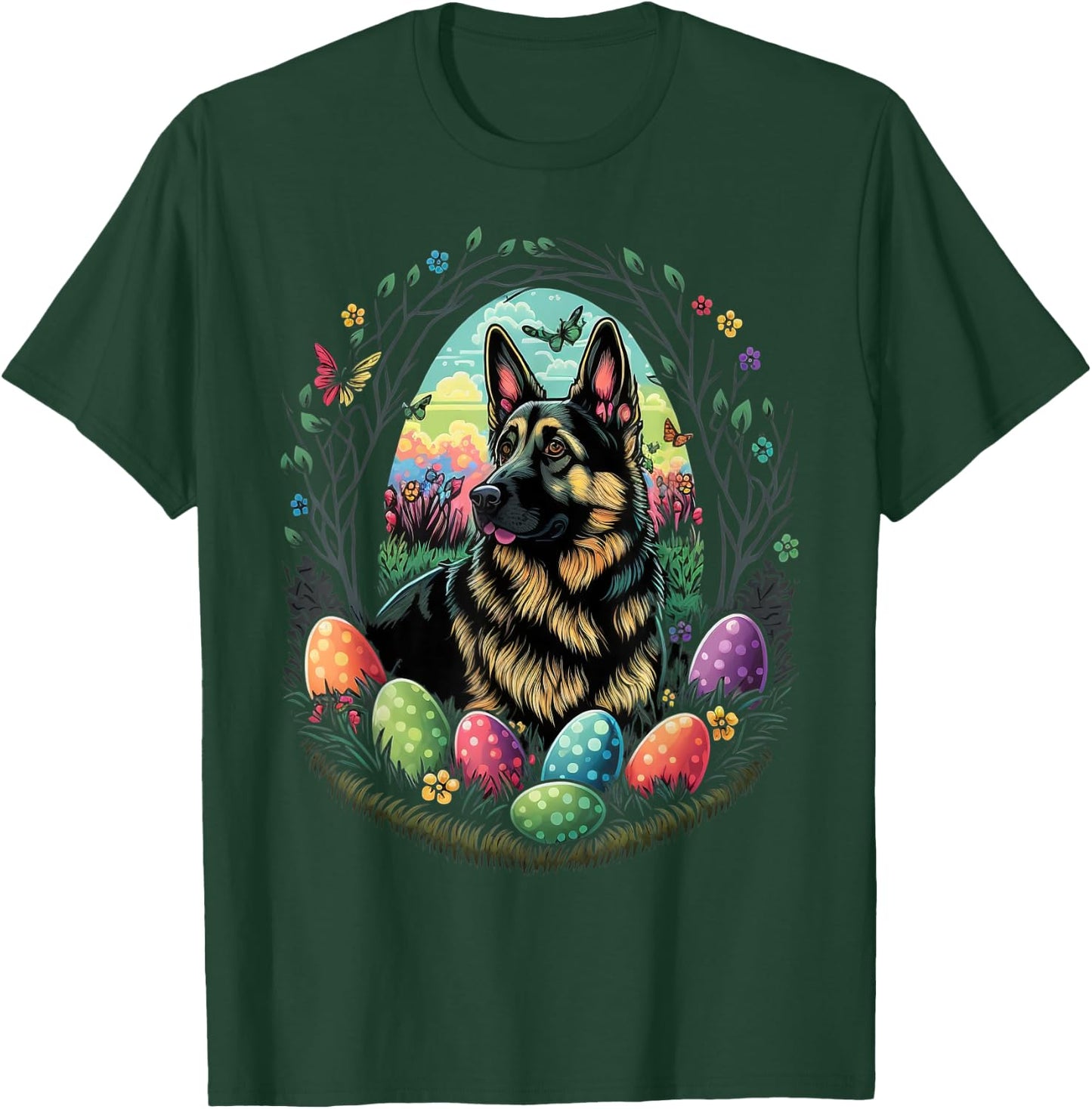 Easter Alsatian Bunny Eggs Dog on Easter German Shepherd T-Shirt - T-Shirt | Forest
