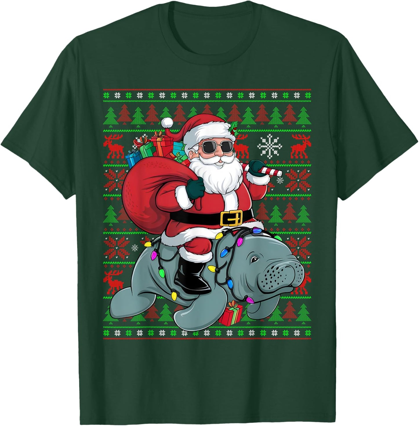 Ugly Xmas Lights Funny Santa Riding Manatee Christmas T-Shirt - T-Shirt | Forest