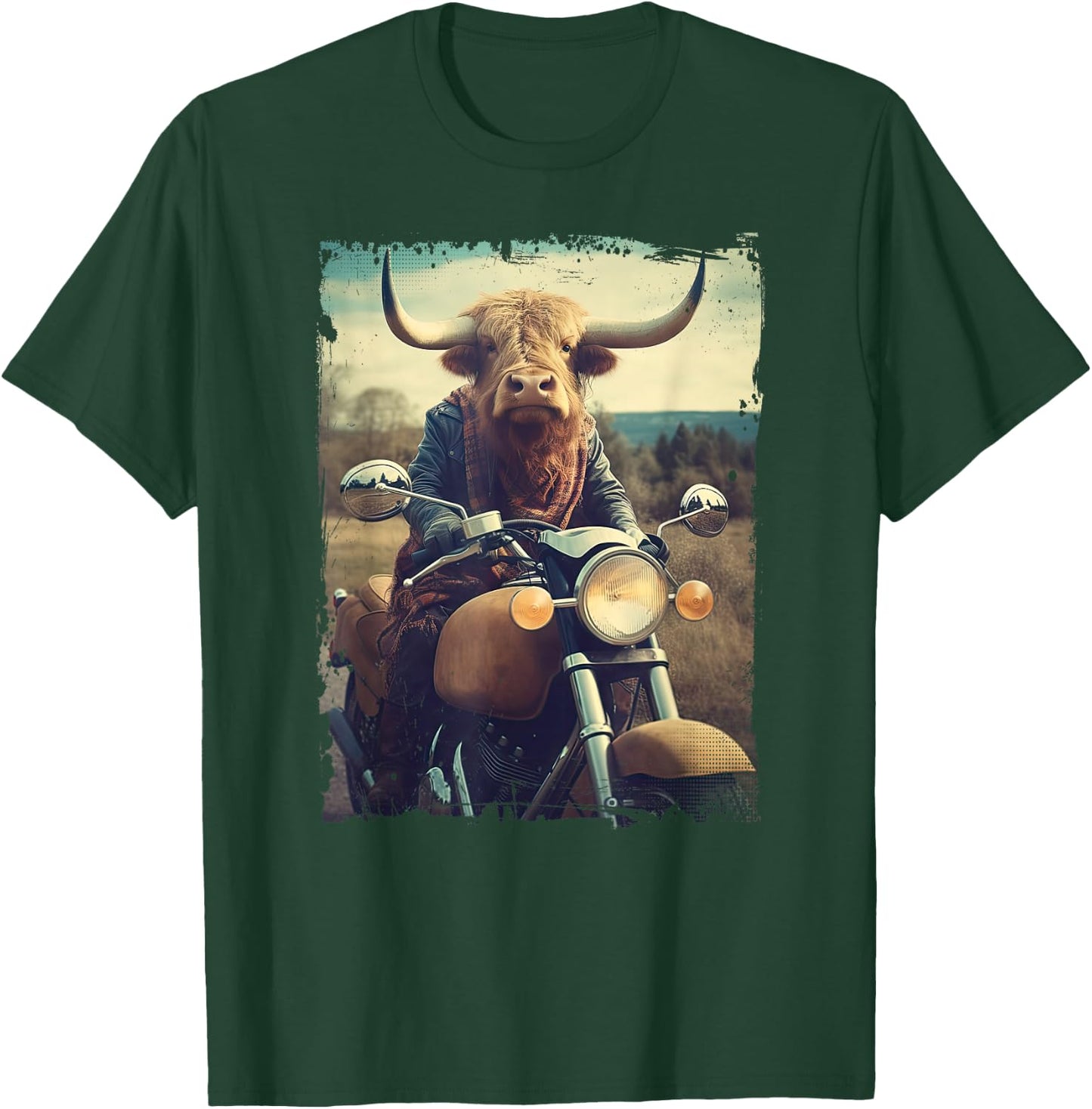 Scottish Highland Cow Cattle Hairy Cow Rides motorcycle men T-Shirt - T-Shirt | Forest