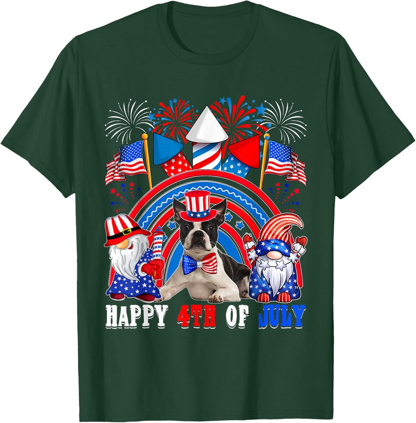 4th Of July American Flag Fireworks Boston Terrier Gnomes T-Shirt - T-Shirt | Forest