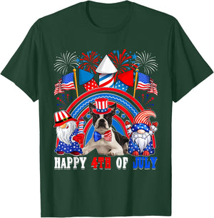 4th Of July American Flag Fireworks Boston Terrier Gnomes T-Shirt - T-Shirt | Forest