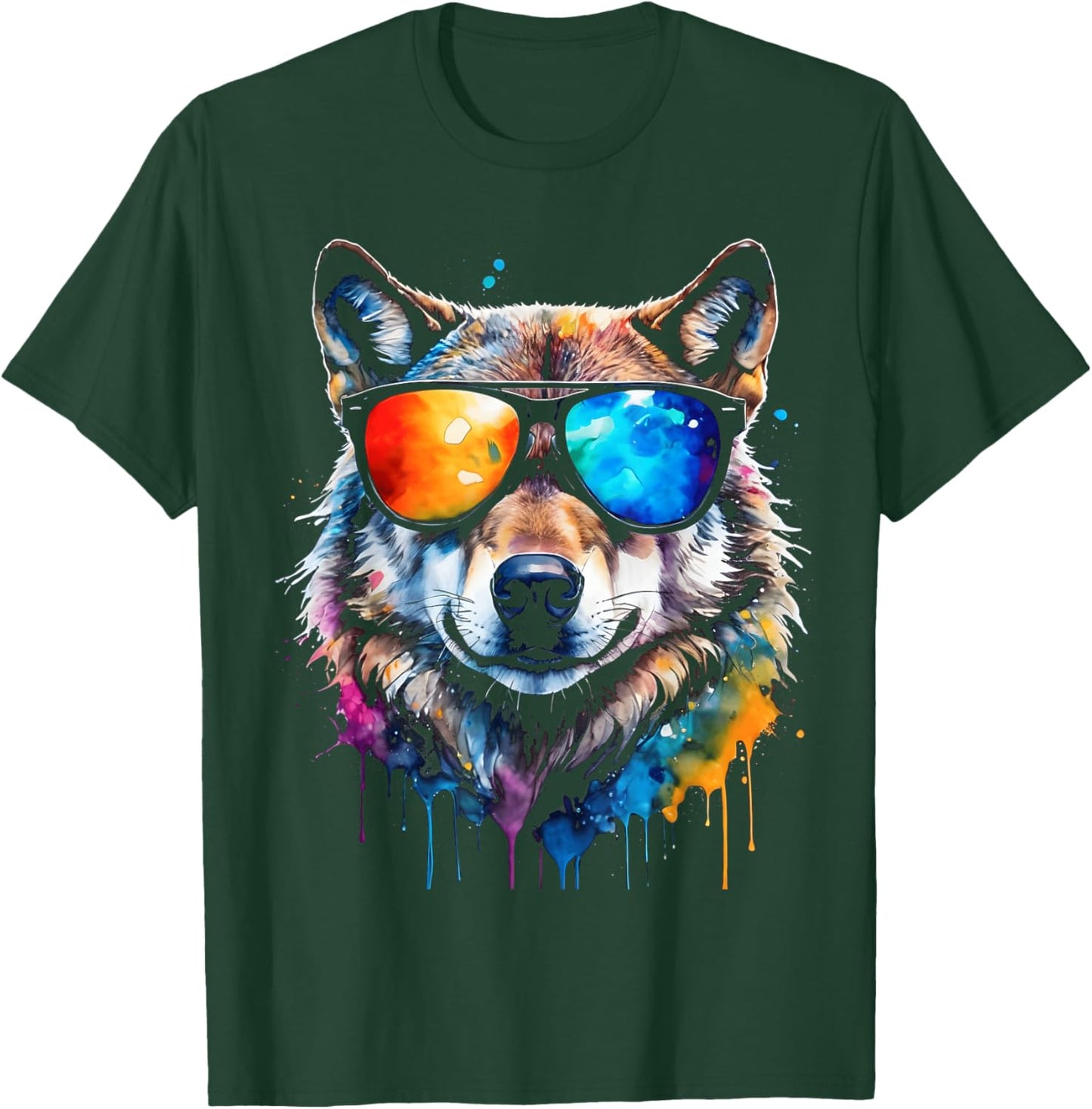 Wolf Sunglasses Colourful Animal Print Design , black T-Shirt - T-Shirt | Forest