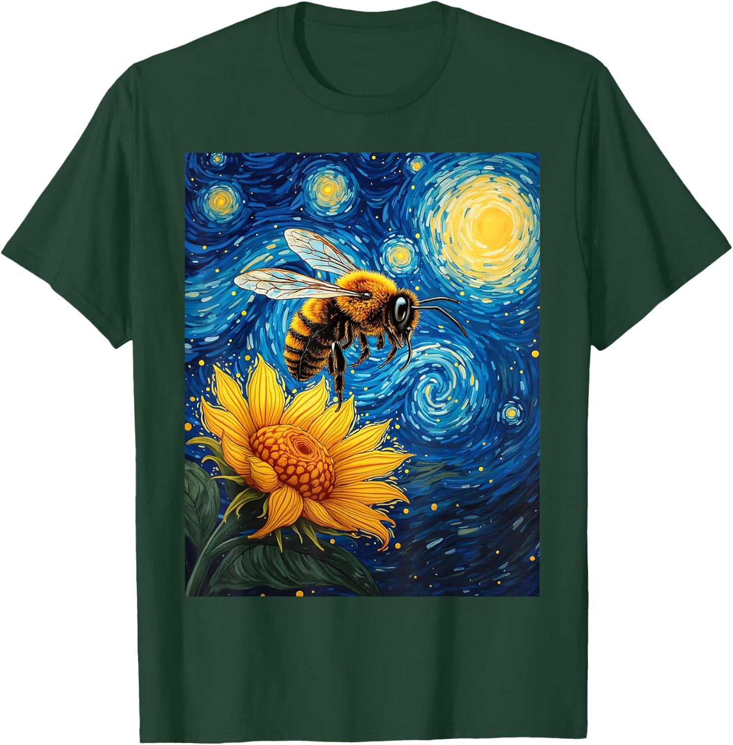 Van Gogh's Starry Night Bee Sunflower Nature Art T-Shirt - T-Shirt | Forest