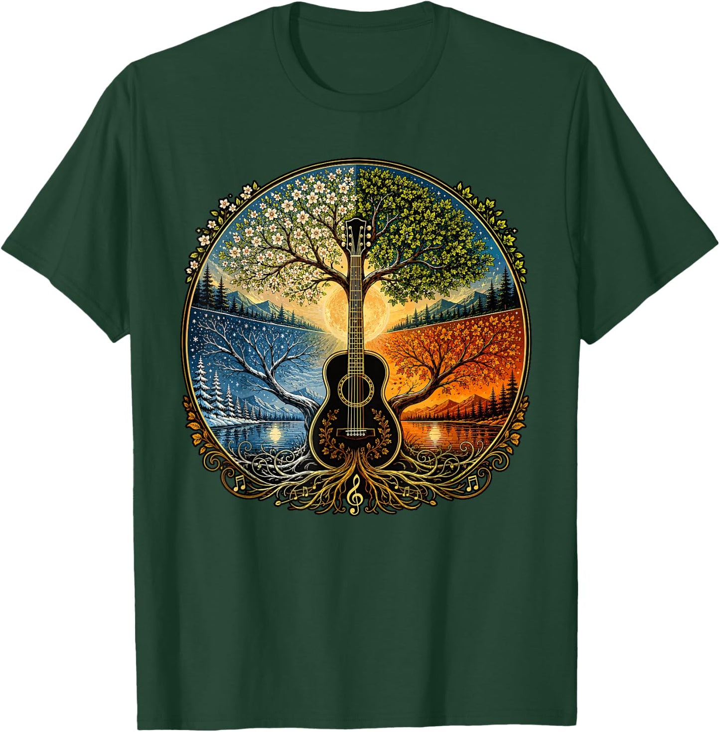 Acoustic Guitar by the Lake Seasons Nature Music T-Shirt - T-Shirt | Forest