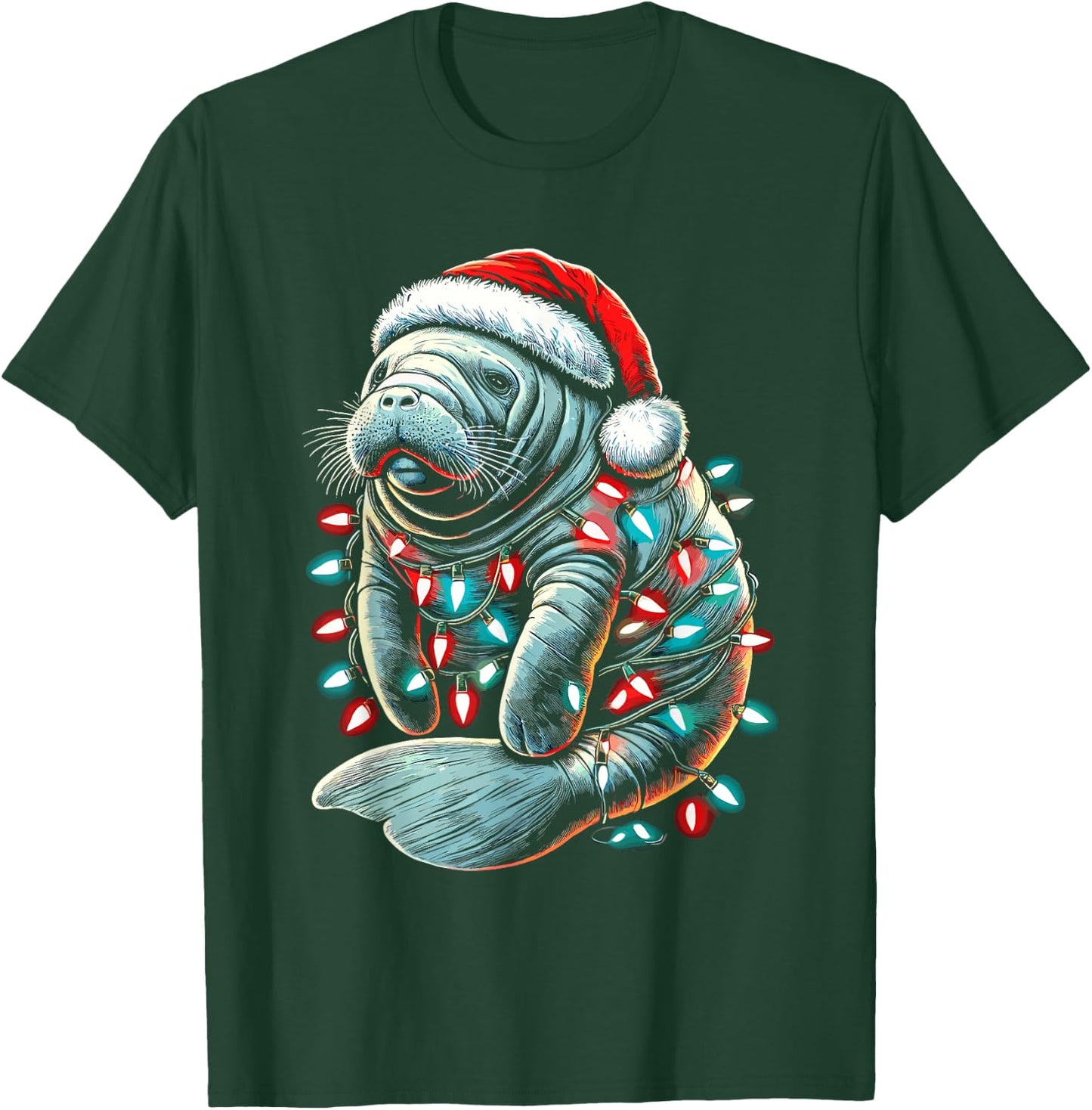 Manatee Santa Hat Christmas Lights Pajama Funny Xmas T-Shirt - T-Shirt | Forest