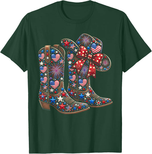Retro Western Cowboy Boots Cowgirl American Flag 4th of July T-Shirt - T-Shirt | Forest