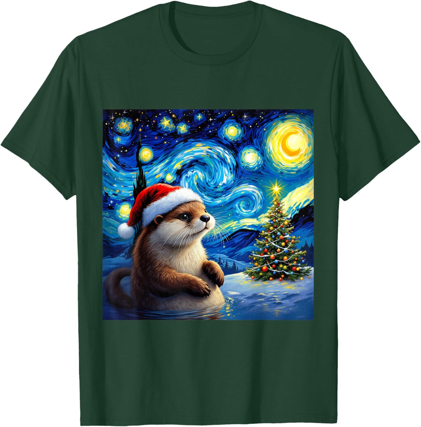 Christmas Otter Santa Hat Van Gogh Starry Night Holiday T-Shirt - T-Shirt | Forest