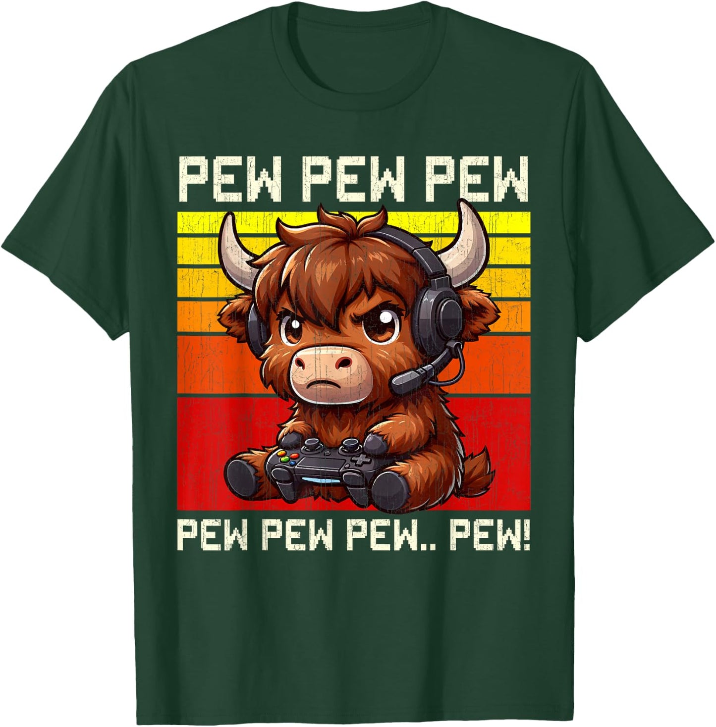 Highland Cow Gamer Pew Funny Video Games Vintage Boys Men T-Shirt - T-Shirt | Forest