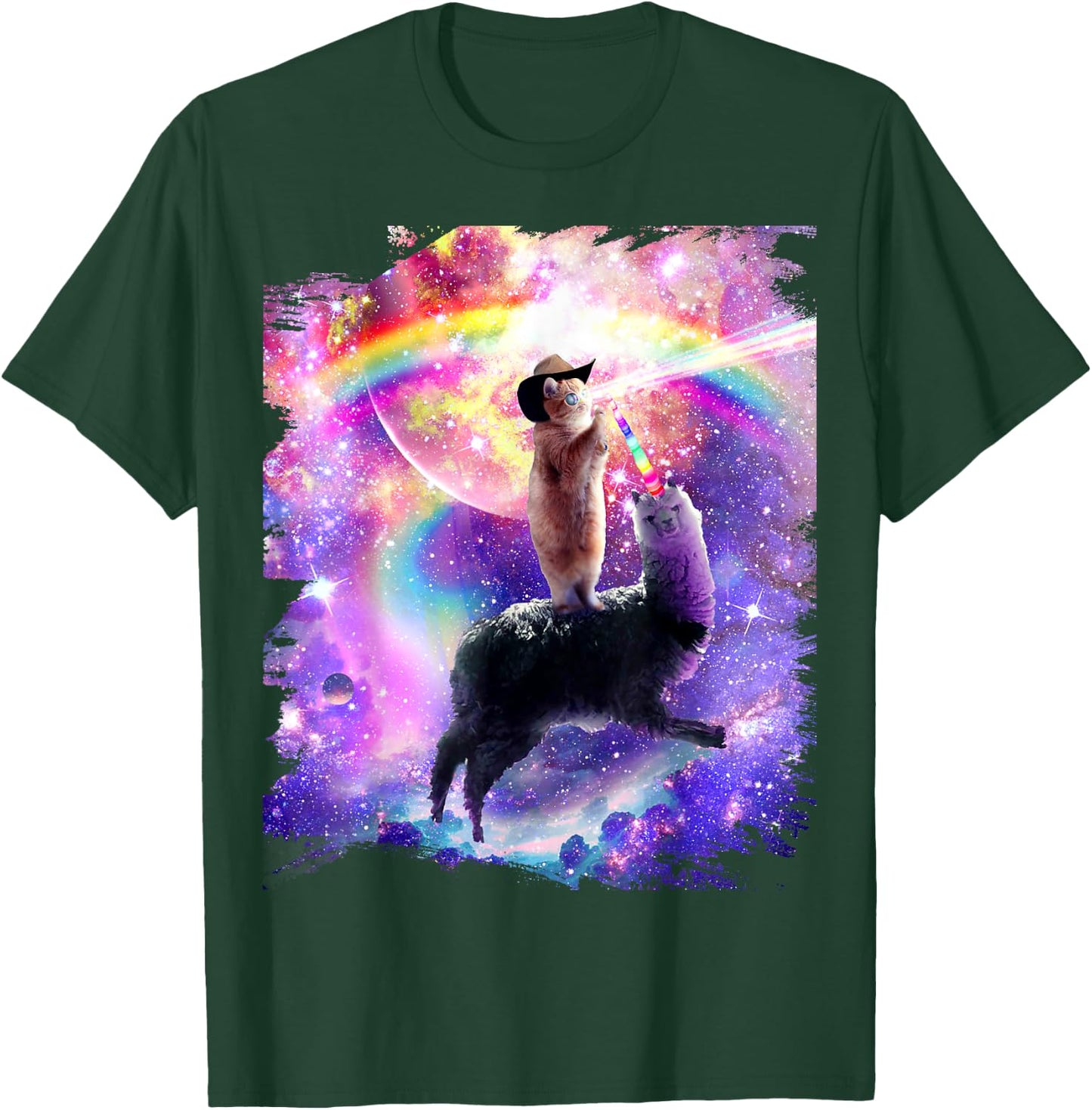 Laser Space Cat On Rainbow Galaxy Llama Unicorn T-Shirt - T-Shirt | Forest
