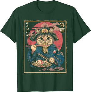 Japanese Samurai Ninja Cat Eating Ramen T-Shirt - T-Shirt | Forest