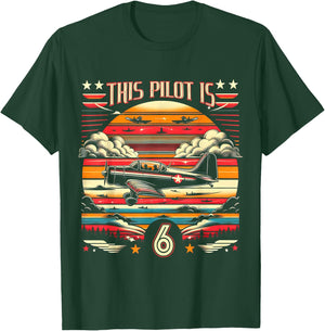 Toddler 6 Year Old Airplane Pilot 6th Birthday Aviation T-Shirt - T-Shirt | Forest