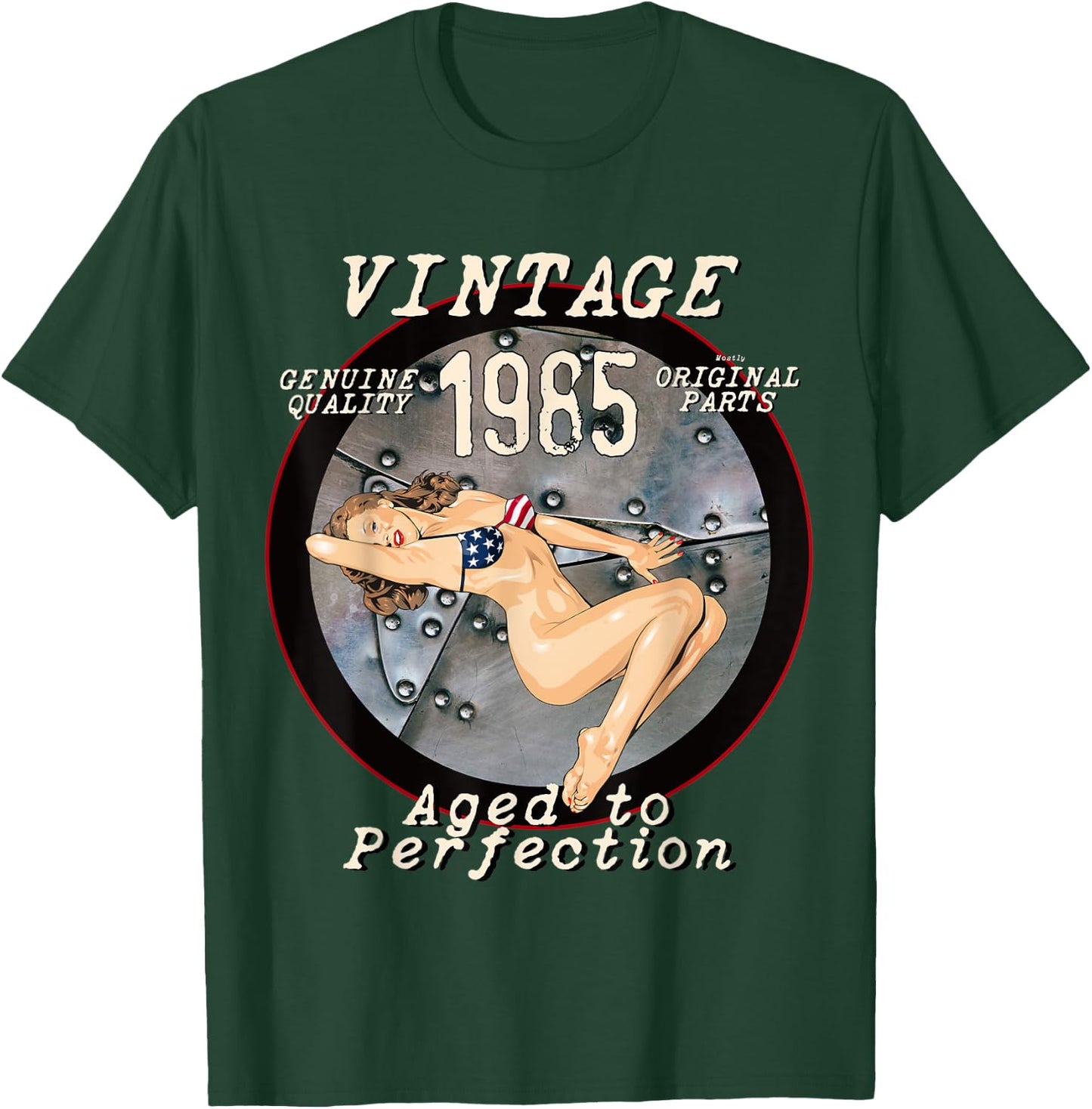 1985 Bomber Nose Art Hot Pinup 36th Birthday Gift Distressed T-Shirt - T-Shirt | Forest