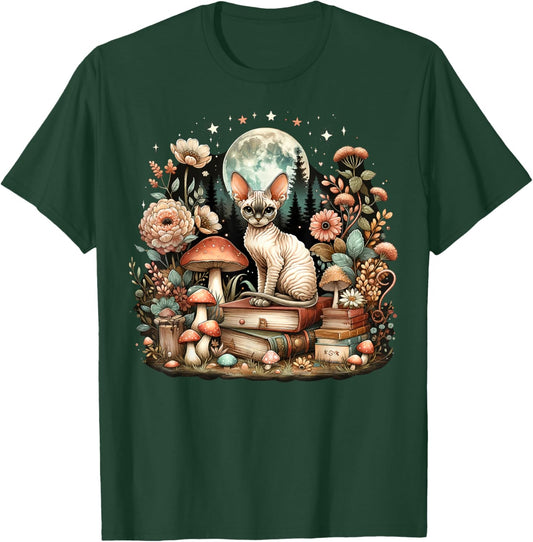 Cute Mushroom Cottagecore Aesthetic Devon Rex cat Women Kids T-Shirt - T-Shirt | Forest