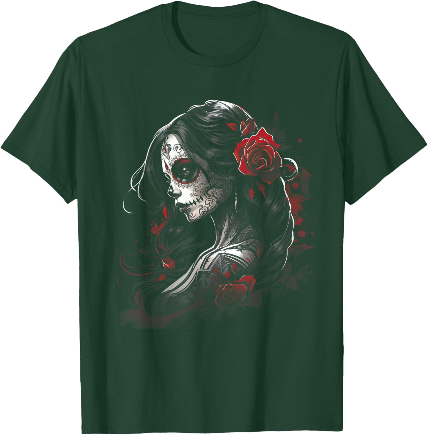 Tag der Toten Zuckerschädel Kunst Rose Mexikanisch Damen , Schwarz, S, Kurzarm, Kunstvolle Designs und klassischer Schnitt T-Shirt - T-Shirt | Forest