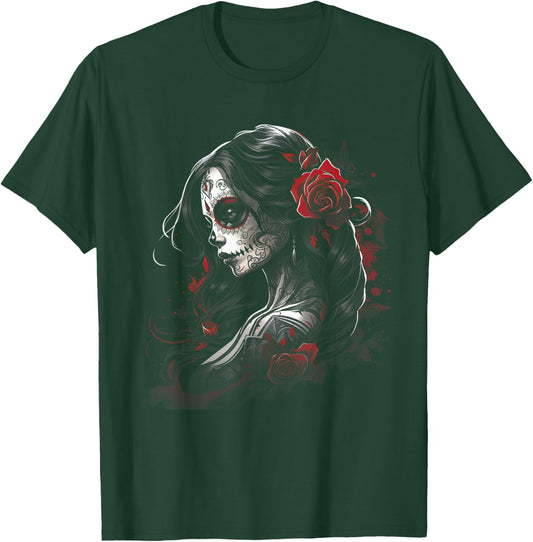 Tag der Toten Zuckerschädel Kunst Rose Mexikanisch Damen , Schwarz, S, Kurzarm, Kunstvolle Designs und klassischer Schnitt T-Shirt - T-Shirt | Forest