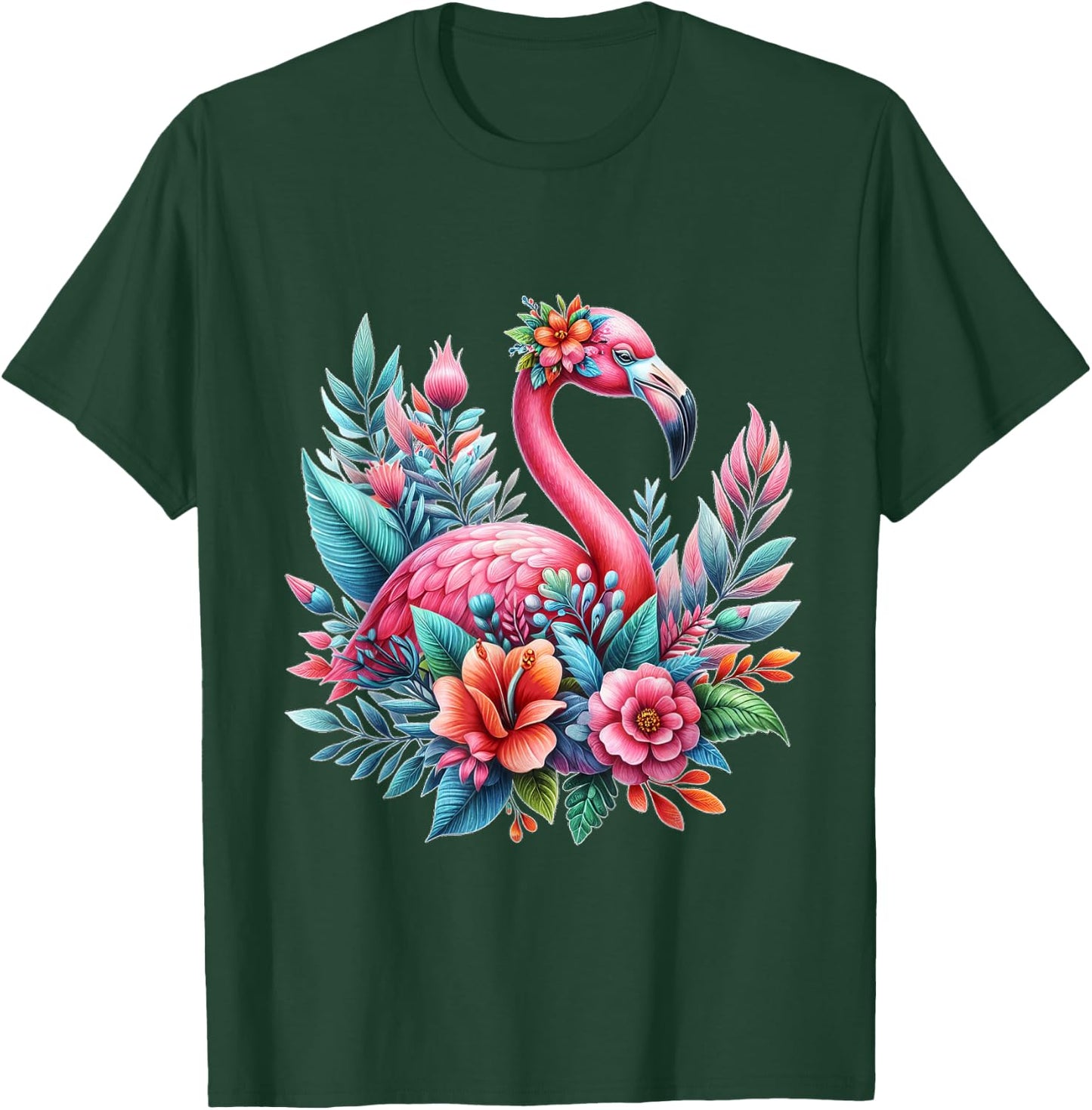 Pink Flamingo Watercolor T shirt Hawaiian Flowers Floral T-Shirt - T-Shirt | Forest