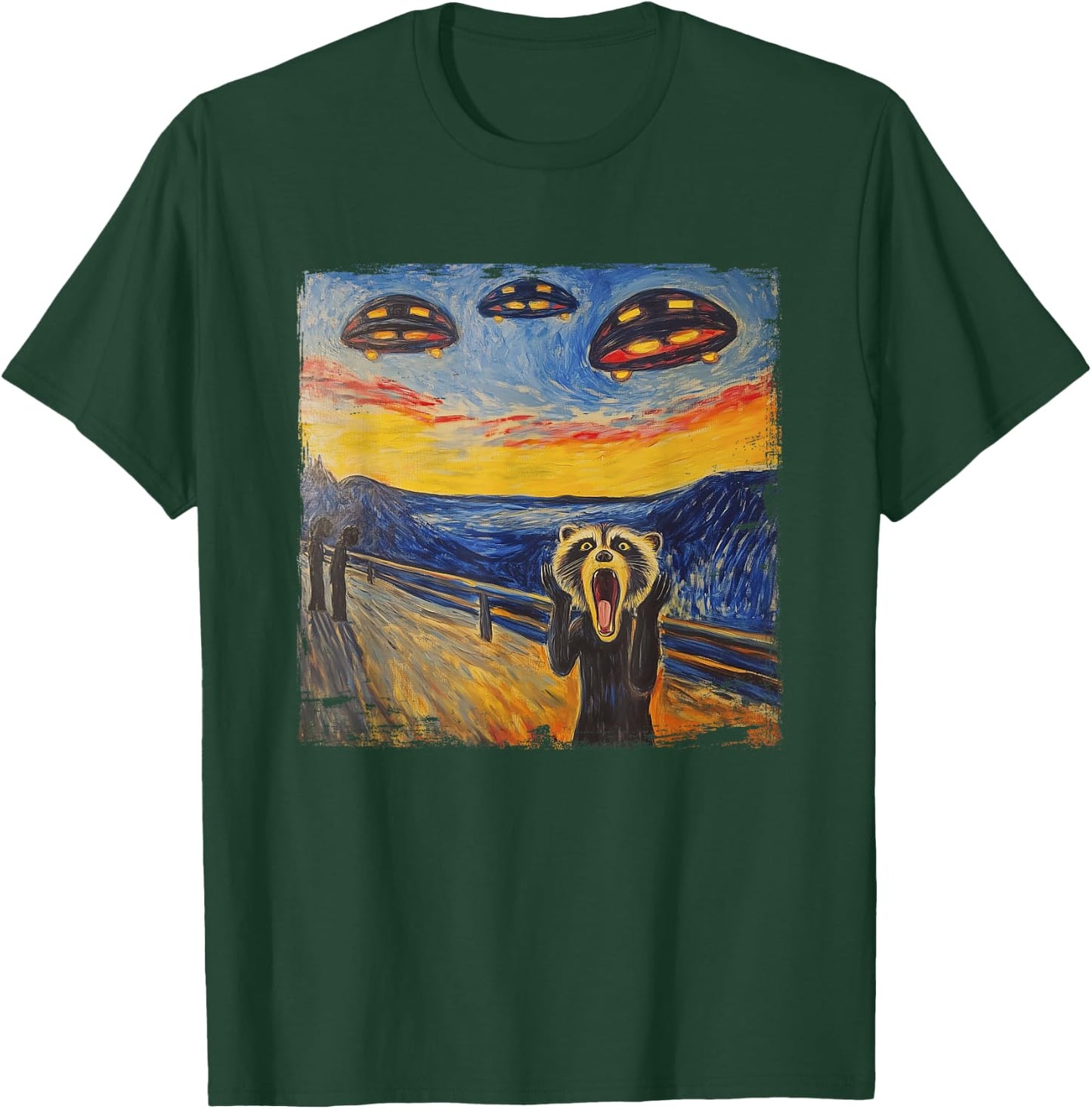 Raccoon Scream UFO Alien Munch Parody Expressionism , black T-Shirt - T-Shirt | Forest