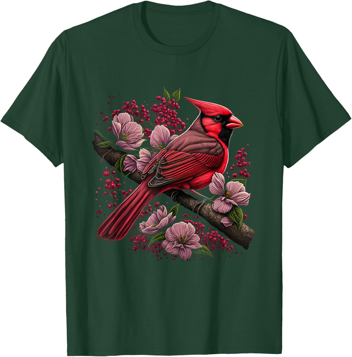 Red Cardinal Bird And Pink Flowering Dogwood Blossoms T-Shirt - T-Shirt | Forest