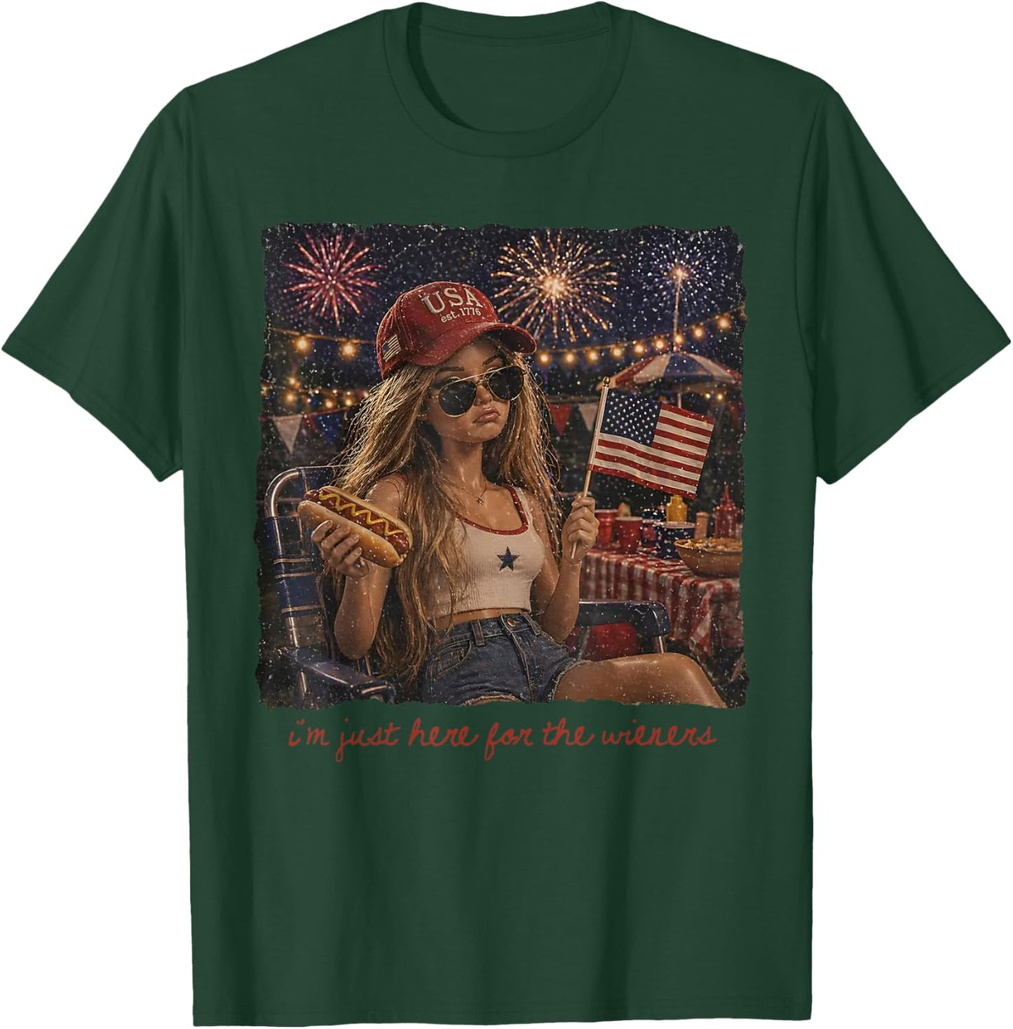 Just Here for the Wieners 4Th of July 250 Years Amrican Girl T-Shirt - T-Shirt | Forest