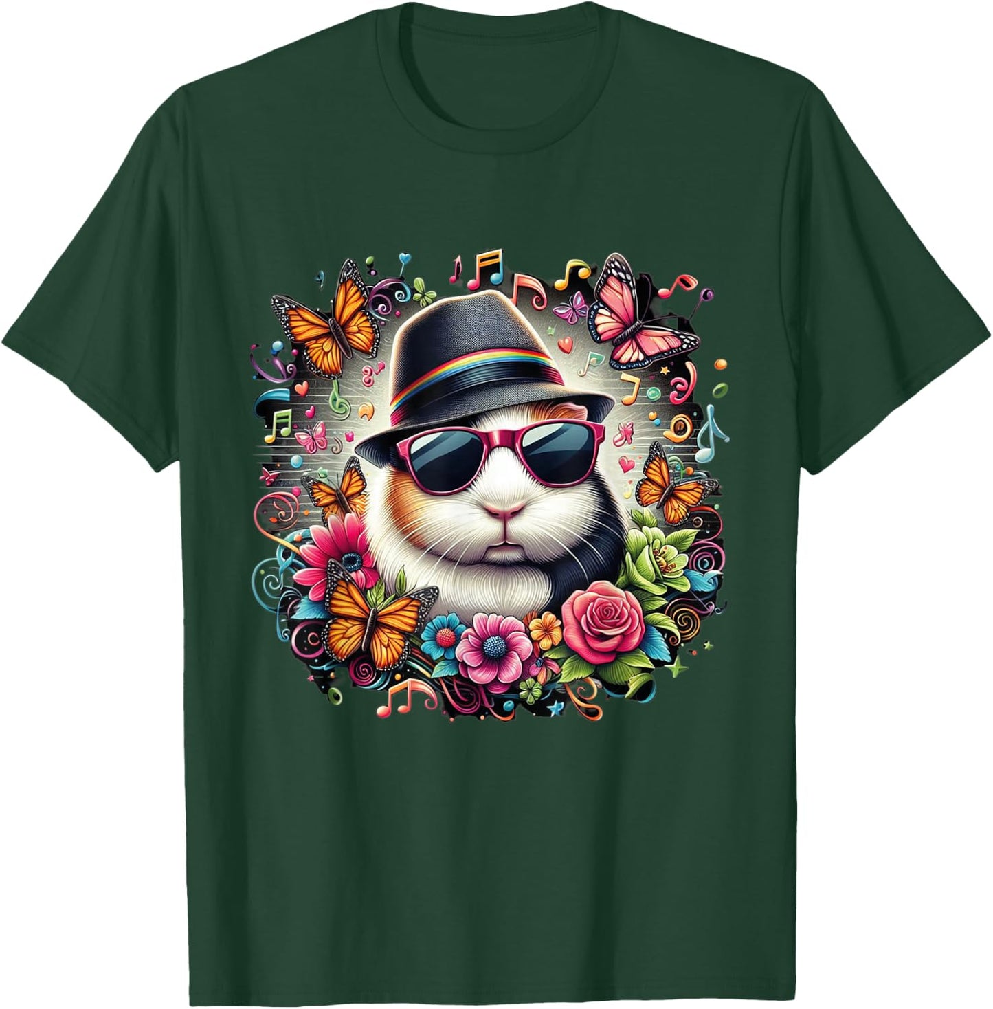 guinea pig wearing sunglasses and a hat colorful Butterflies T-Shirt - T-Shirt | Forest