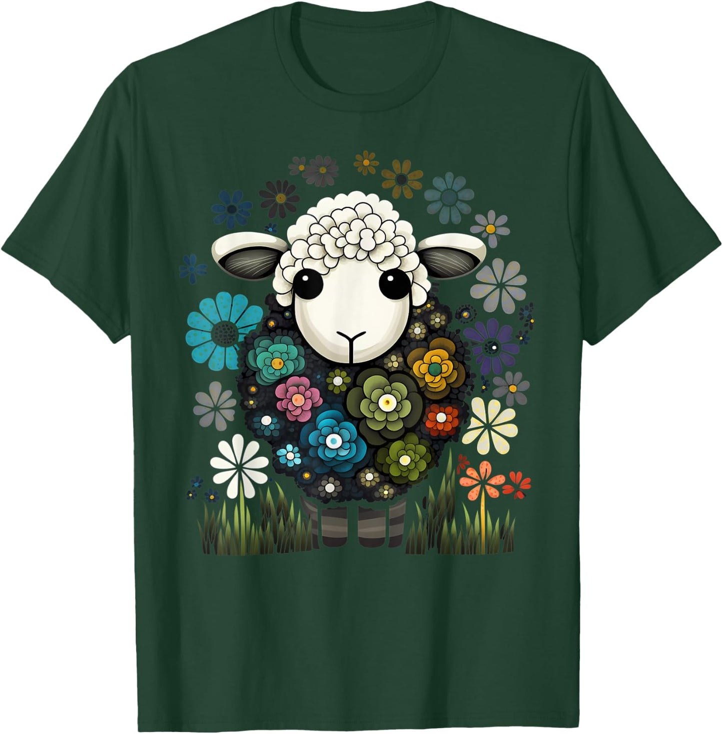 Colorful Sheep Cartoon Flower Garden Cute Farm Animals Black T-Shirt - T-Shirt | Forest
