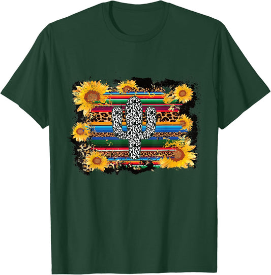 Serape Cactus Print Turquoise Cow Print Saguaro Sunflower T-Shirt - T-Shirt | Forest