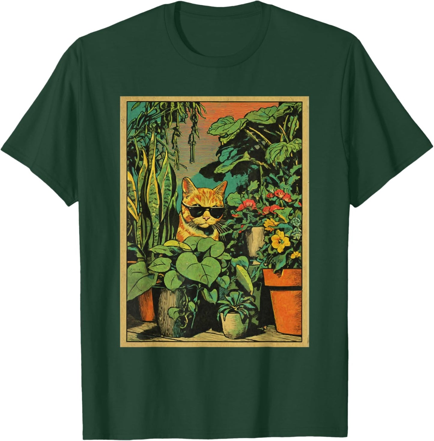 Chat tigré Roux avec Lunettes de Soleil pour Amoureux des Plantes botanique T-Shirt - T-Shirt | Forest
