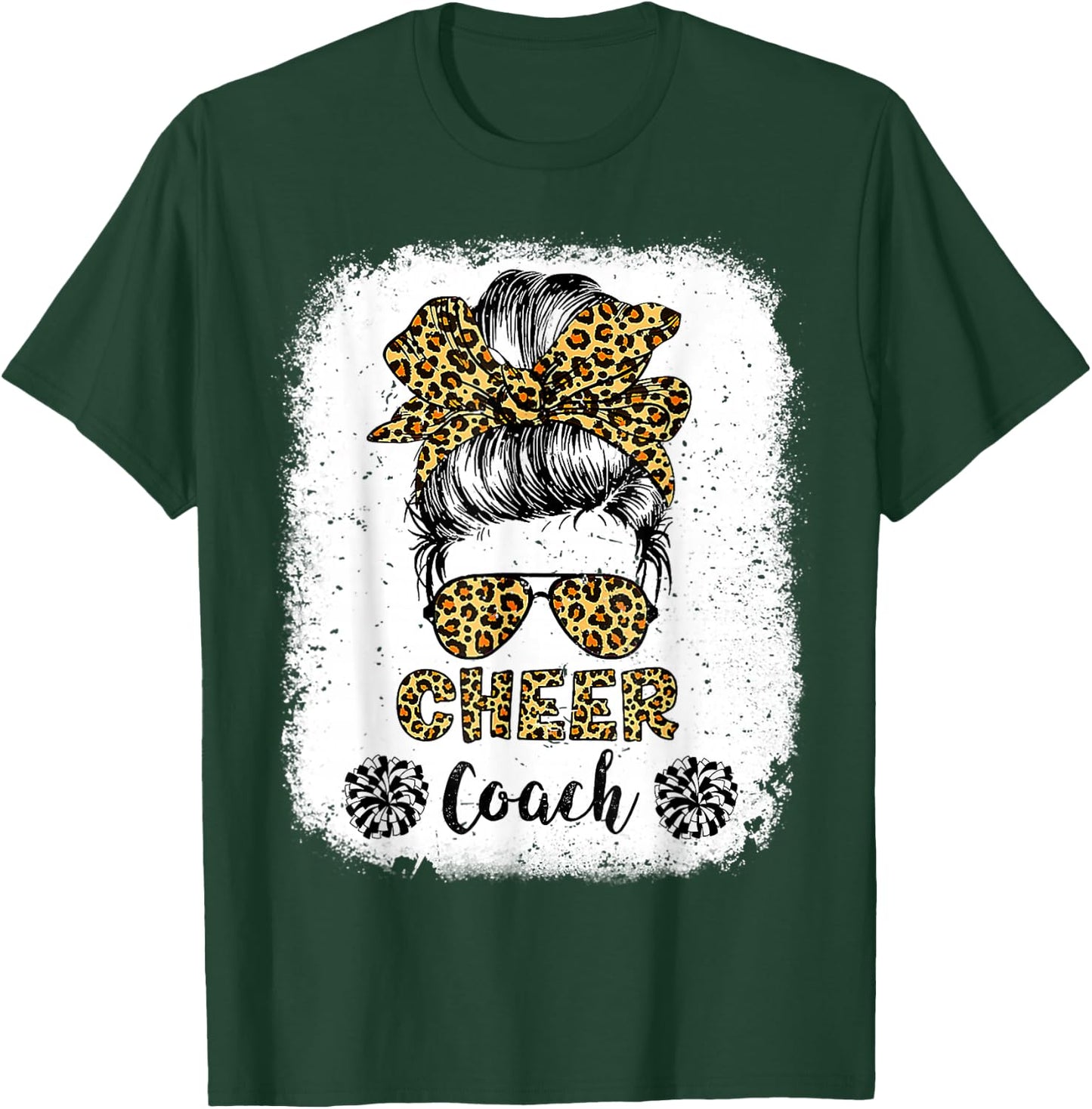 Cheer Coach Leopard Messy Bun Cheerleader Bleached T-Shirt - T-Shirt | Forest
