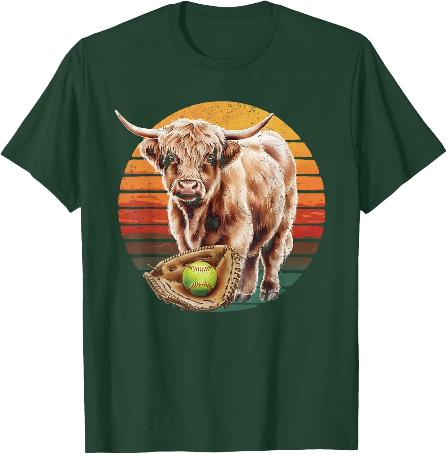 Highland Cow Softball Player Team Vintage T-Shirt - T-Shirt | Forest