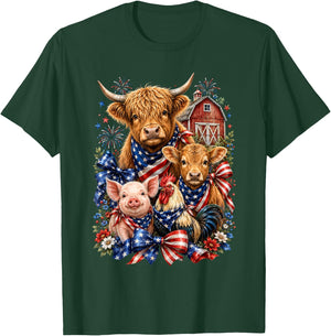 Patriotic Farm Animals 4th of July Barn Cow Pig Chicken Bow T-Shirt - T-Shirt | Forest