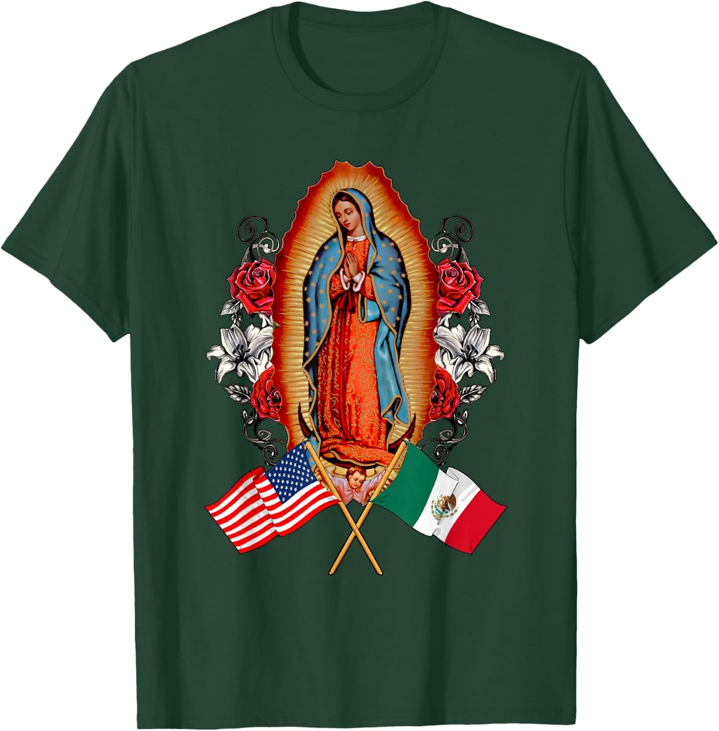 Our Lady Virgen De Guadalupe Mexican American Flag T-Shirt - T-Shirt | Forest