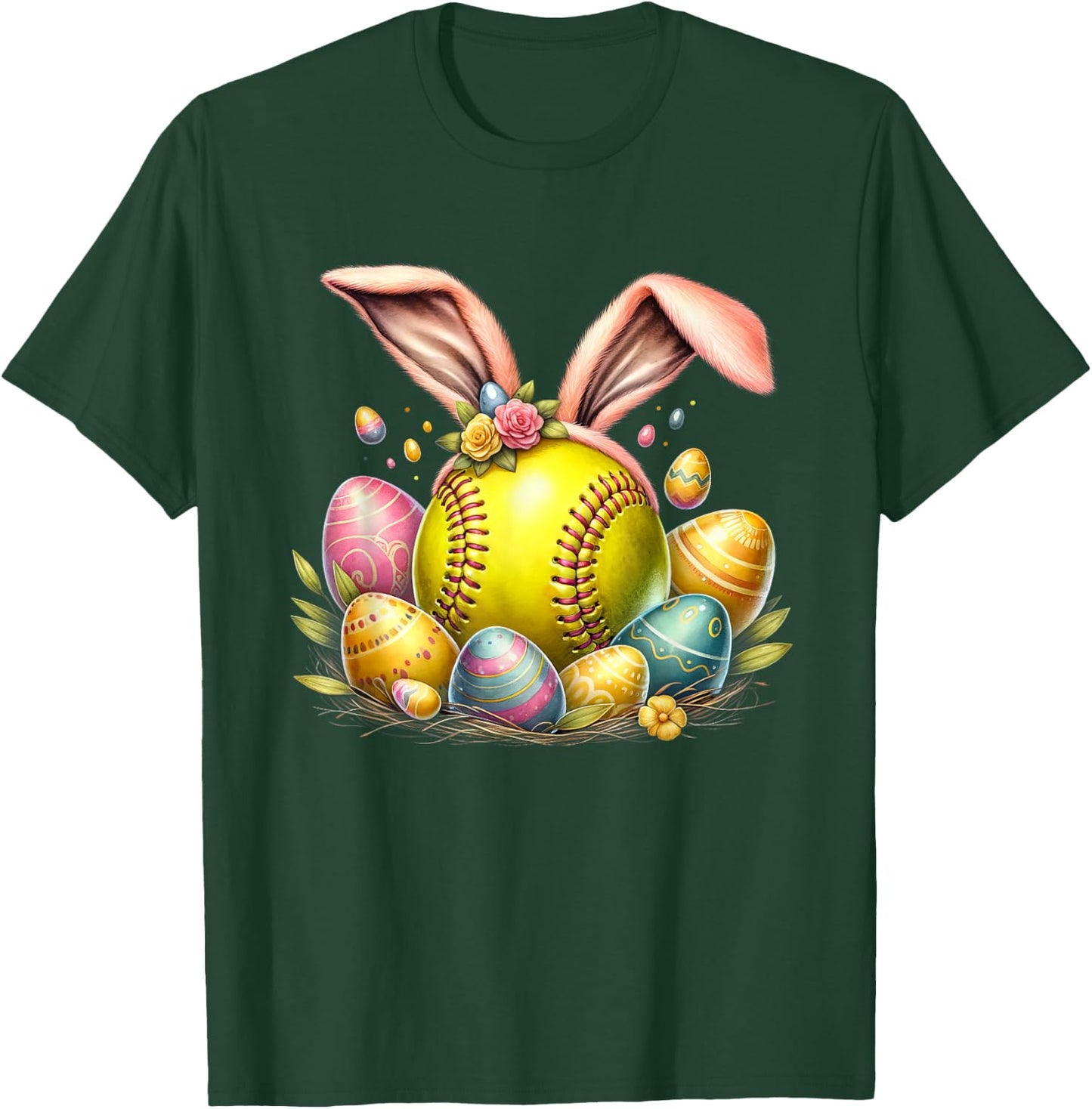 Softball Egg Bunny Ears Easter Day T-Shirt - T-Shirt | Forest