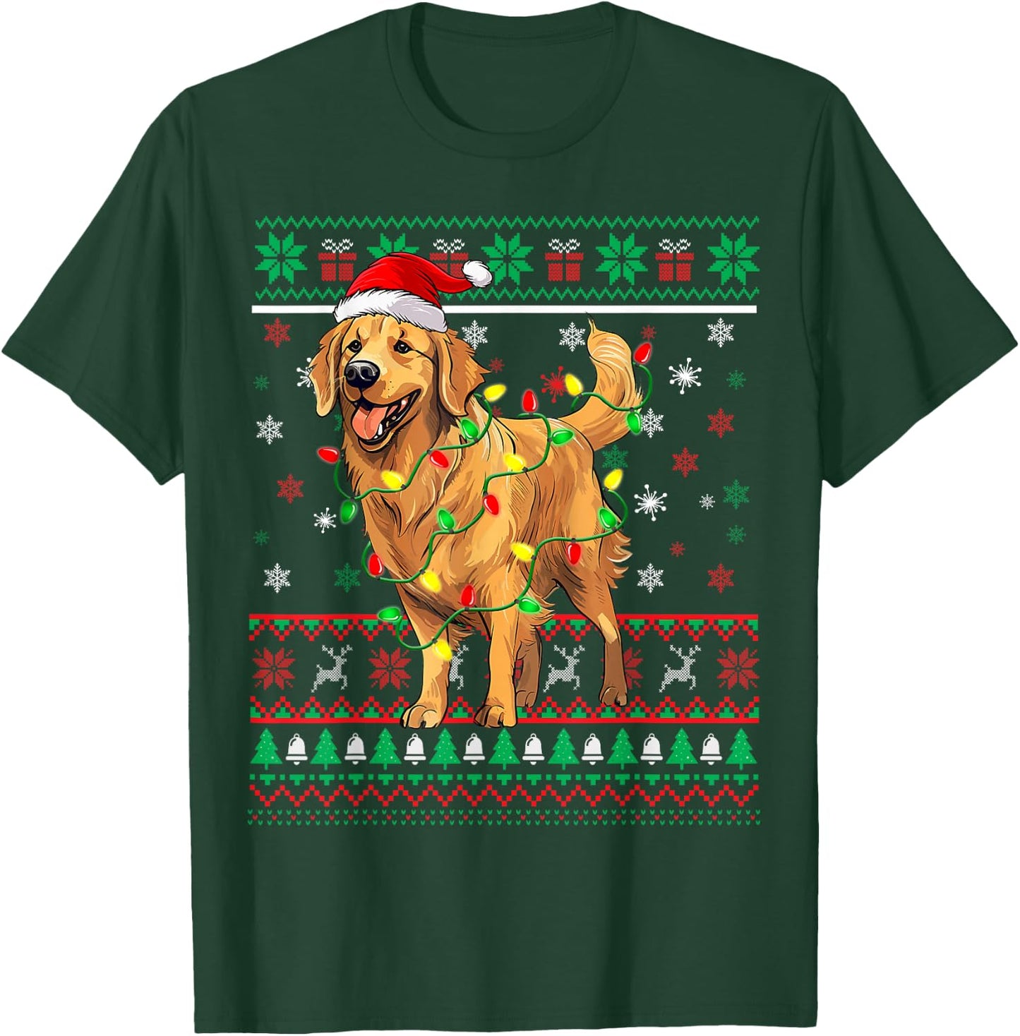 Golden Retriever Christmas Santa Hat Tree Lights Pajama T-Shirt - T-Shirt | Forest