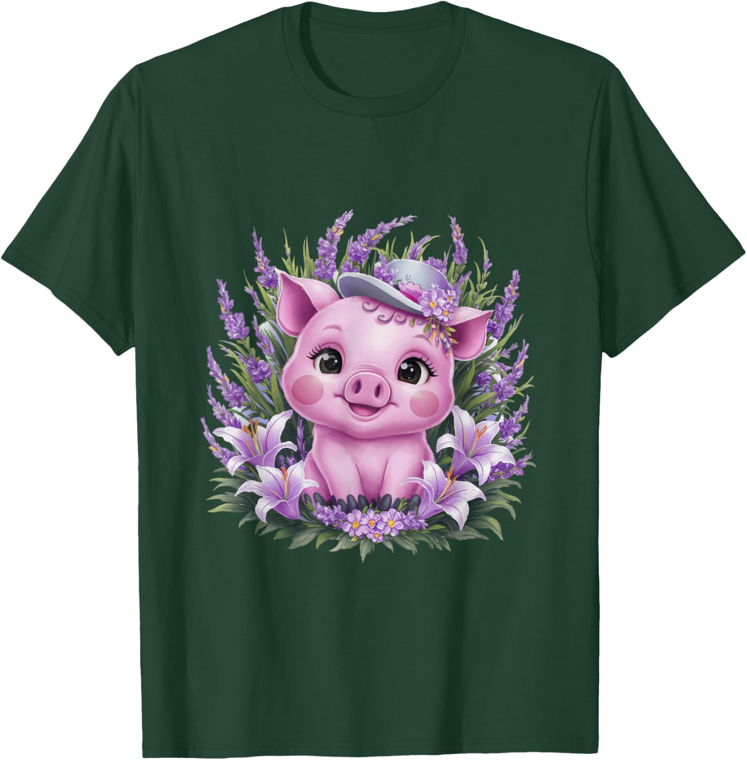 Pig in kawaii cartoon style with lavender and lilies T-Shirt - T-Shirt | Forest