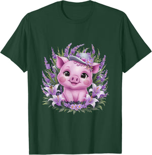 Pig in kawaii cartoon style with lavender and lilies T-Shirt - T-Shirt | Forest