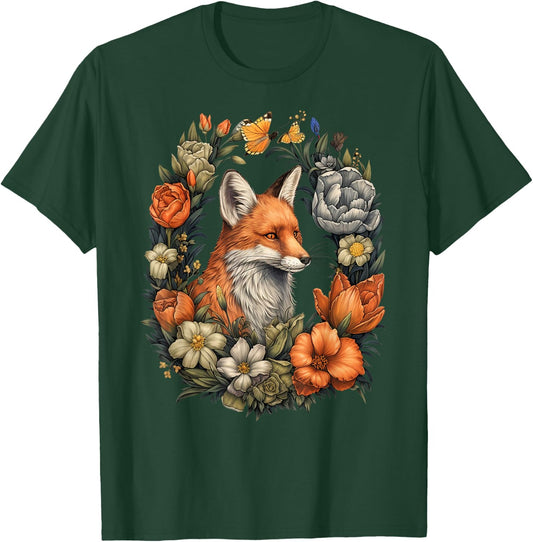 Fox Floral Garden Wildlife Nature Art Cottagecore Flowers T-Shirt - T-Shirt | Forest