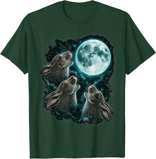 Three Howling Rabbits Under Full Moon Fantasy T-Shirt - T-Shirt | Forest