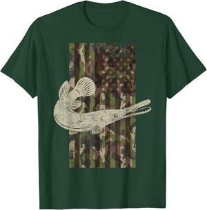 Camo US Flag American Alligator Gar Fishing T-Shirt - T-Shirt | Forest