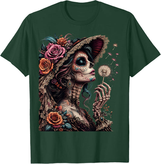 Vintage La Catrina Blowing Wishes Gothic Dandelion Floral T-Shirt - T-Shirt | Forest